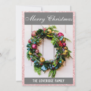 Festive Merry Christmas Wreath Rose Gold Glitter Holiday Card