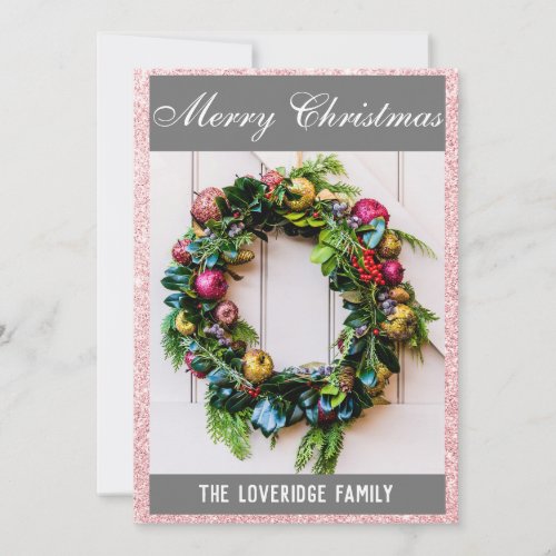 Festive Merry Christmas Wreath Rose Gold Glitter Holiday Card