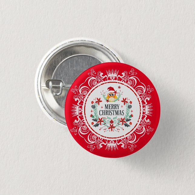 Festive Merry Christmas Wreath & White Crown Frame Button (Front & Back)