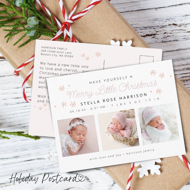 Festive Merry Little Christmas Birth Pink Photos Holiday Postcard (Festive Merry Little Christmas Birth Pink Photos Holiday Postcard)