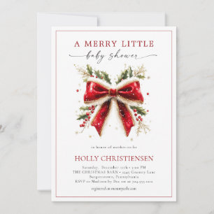 Festive Merry Little Christmas Bow Baby Shower Invitation