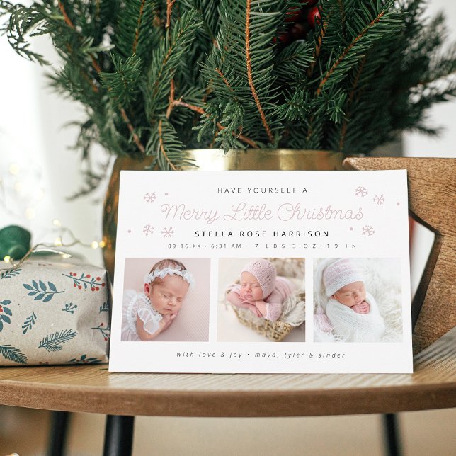 Festive Merry Little Christmas Pink Birth Photos Holiday Card (Festive Merry Little Christmas Pink Birth Photos Holiday Card)