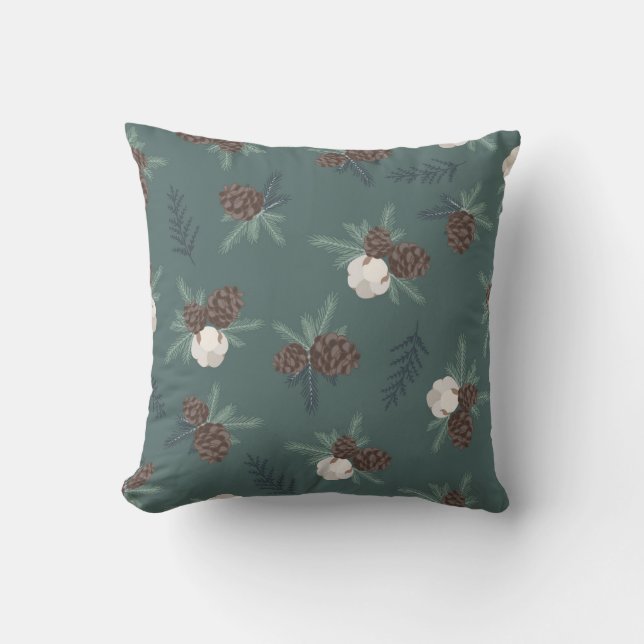 Festive Merry Pine Cone Green Holiday Christmas Throw Pillow (Front)
