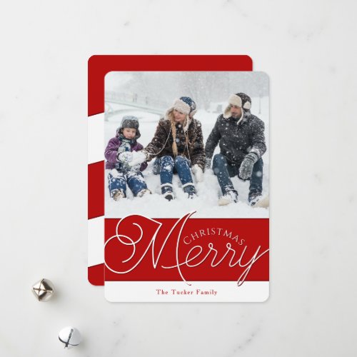 Festive Merry Script Red  White 2_Photo Christmas Holiday Card