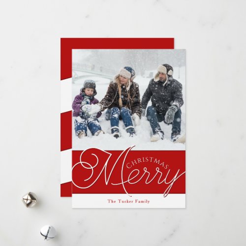 Festive Merry Script Red  White Photo Christmas Holiday Card