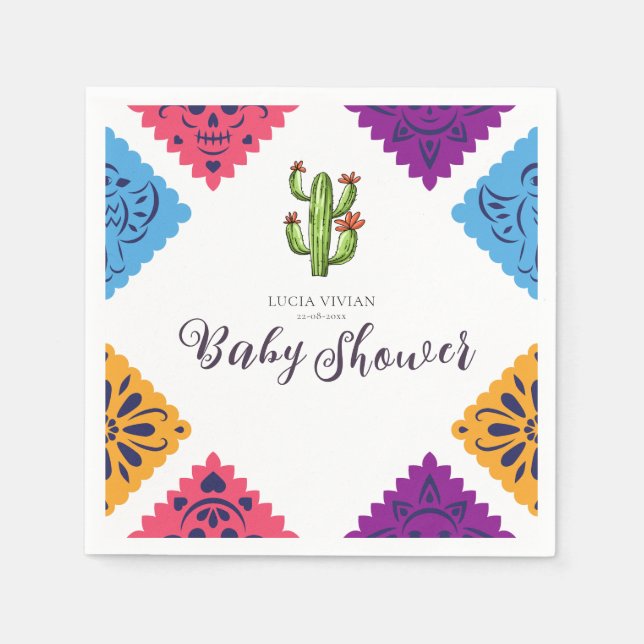 Festive Mexican Paper Fan Cactus Baby Shower Napkins (Front)