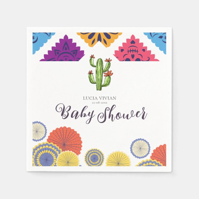 Festive Mexican Paper Fan Cactus Baby Shower Napkins (Front)