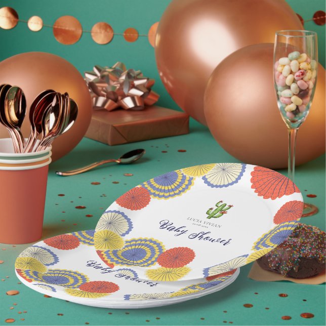 Festive Mexican Paper Fan Cactus Baby Shower Paper Plates (Multi)