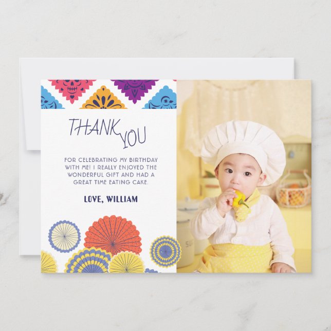 Festive Mexican Paper Fan Photo Kid Thank You Card (Front)