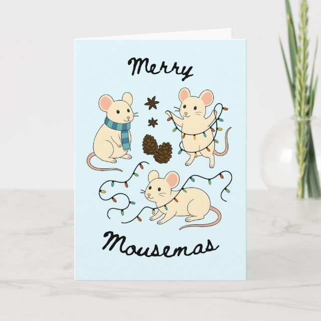 Festive Mice with Fairy Lights – Christmas Card (Front)