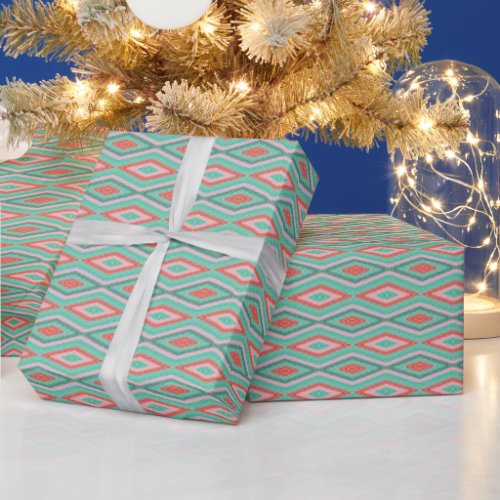 Festive Mid_Century Geometric Christmas Mint Pink Wrapping Paper