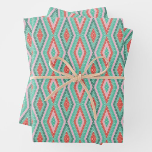 Festive Mid_Century Geometric Christmas Mint Pink Wrapping Paper Sheets