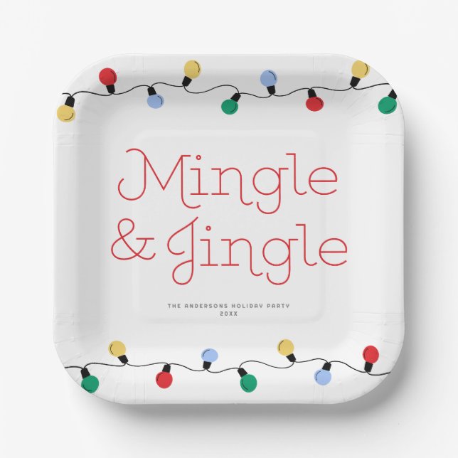 Festive Mingle & Jingle Colorful Christmas Lights  Paper Plates (Front)