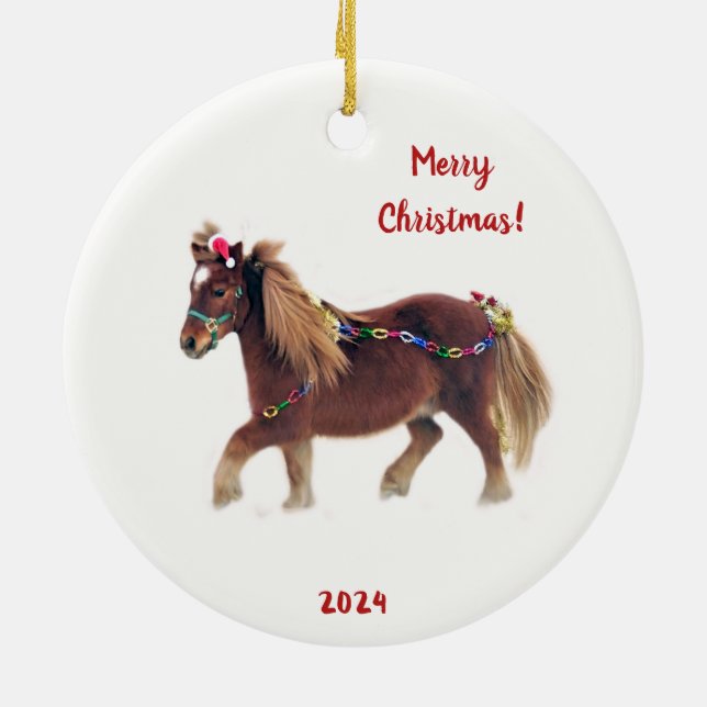 Festive Miniature Horse Running in the Snow Ceramic Ornament (Back)