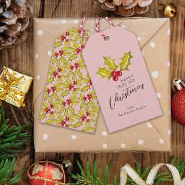Festive Minimal Holly Pink Fun Whimsical Christmas Gift Tags