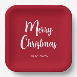 Festive Minimalist Merry Christmas Script Paper Plates