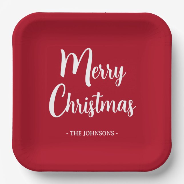 Festive Minimalist Merry Christmas Script Paper Plates (Front)