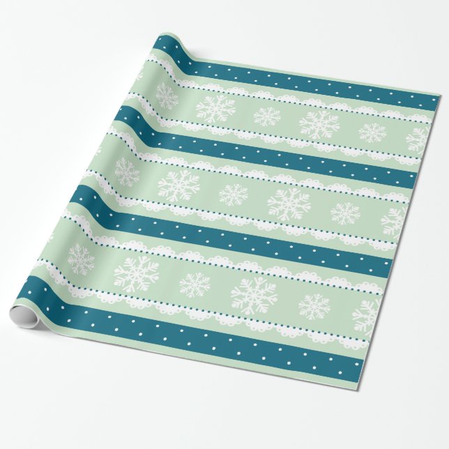 Festive Mint Polka Dots White Snowflakes Pattern Wrapping Paper (Unrolled)
