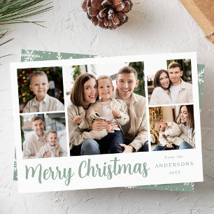 Festive Mint Script 5 Photo Collage Holiday Card