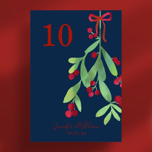 Festive Mistletoe Xmas Holiday Wedding Navy  Table Number