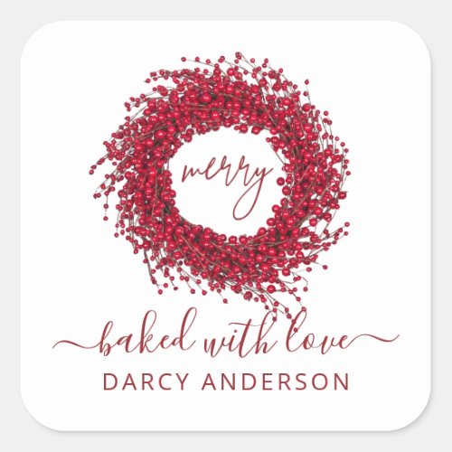 Festive Modern Baked With Love Red Berry Wreath Square Sticker