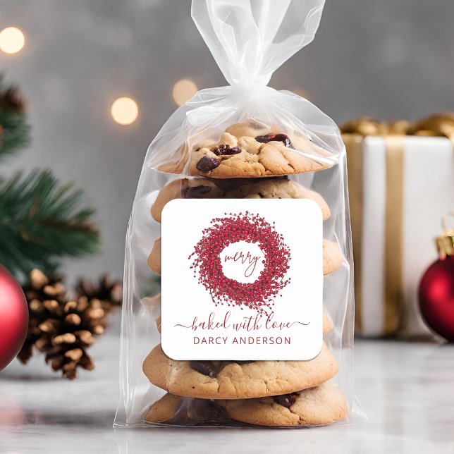 Festive Modern Baked With Love Red Berry Wreath Square Sticker (Festive Modern Baked With Love Red Berry Wreath Square Sticker)