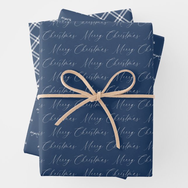 Festive Modern Blue and Beige Christmas Wrapping Paper Sheets (In situ)