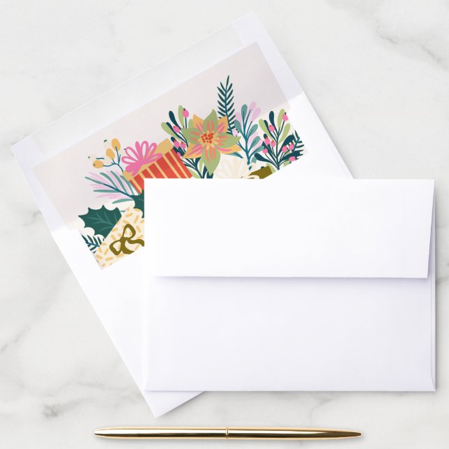 festive modern botanical christmas holiday card envelope liner (Desk)