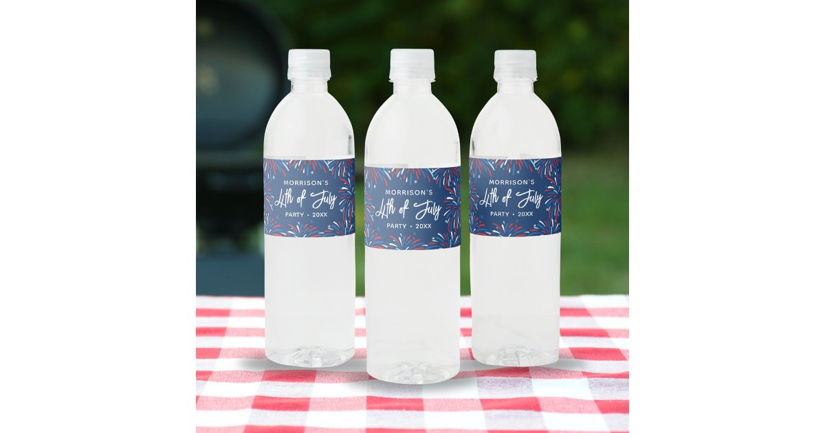 Festive Modern Fireworks Custom 4th of July Party Water Bottle Label ...