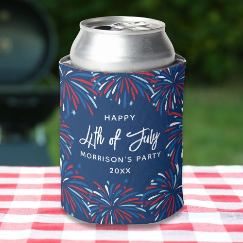 Festive Modern Fireworks Custom Text 4th of July Can Cooler