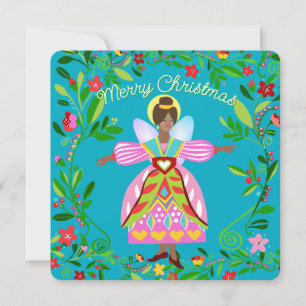 Festive Modern Folk Angel African American Holiday Card