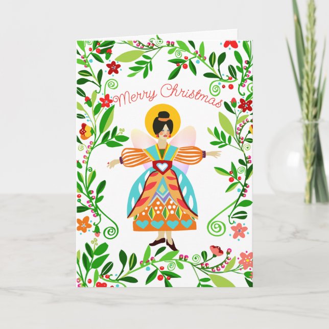 Festive Modern Folk Angel Tangerine Christmas Card (Front)