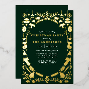 Festive Modern Gold Dark Green Christmas Party Foil Invitation