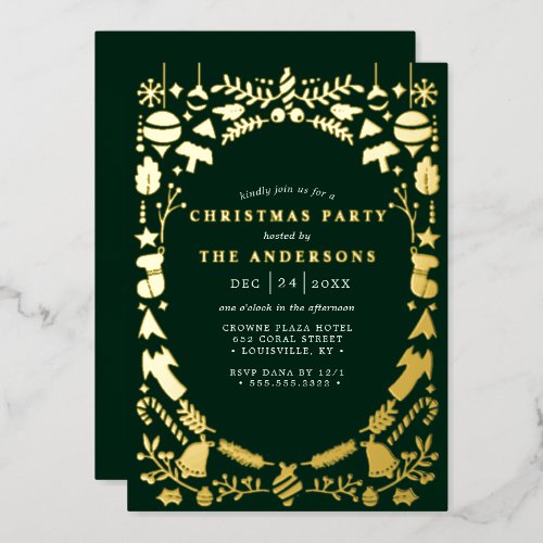 Festive Modern Gold Dark Green Christmas Party Foil Invitation