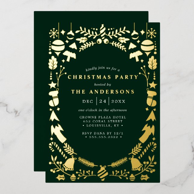 Festive Modern Gold Dark Green Christmas Party Foil Invitation (Front/Back)