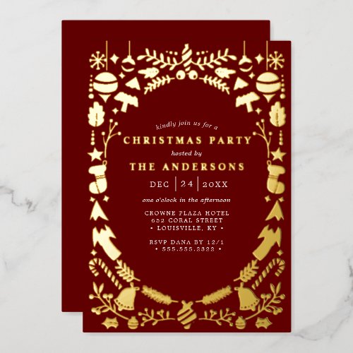 Festive Modern Gold Dark Red Christmas Party Foil Invitation