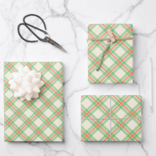 Festive Modern Green And Orange Plaid Pattern Wrapping Paper Sheets