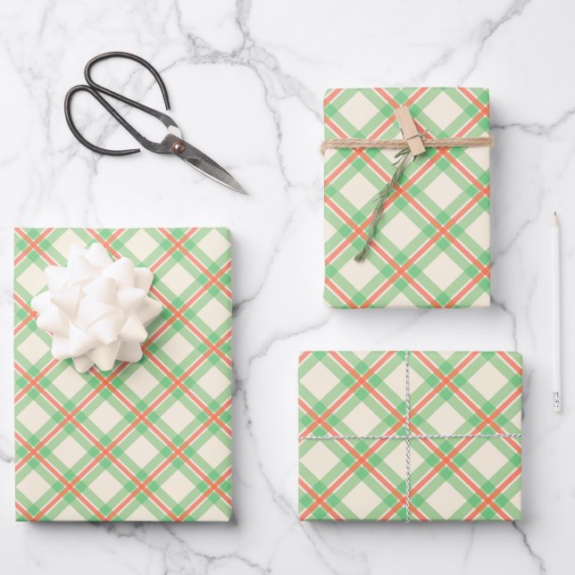 Festive Modern Green And Orange Plaid Pattern Wrapping Paper Sheets (Front)