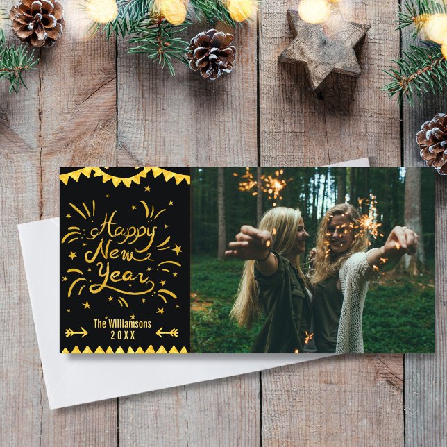 Festive Modern Happy New Year Black & Gold Photo Holiday Card (Creator Uploaded)