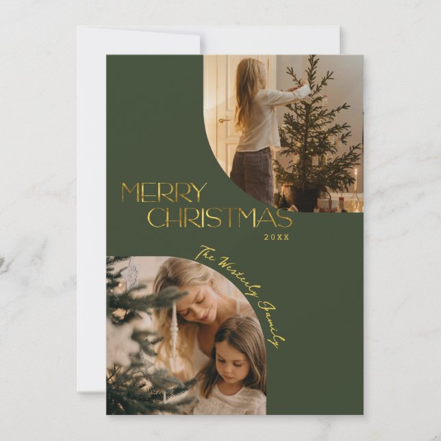 Festive Modern Merry Christmas Arch Photo Green Holiday Card (Front)