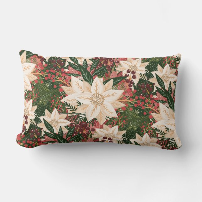 Festive Modern Merry Christmas Poinsettia Holiday Lumbar Pillow (Front)