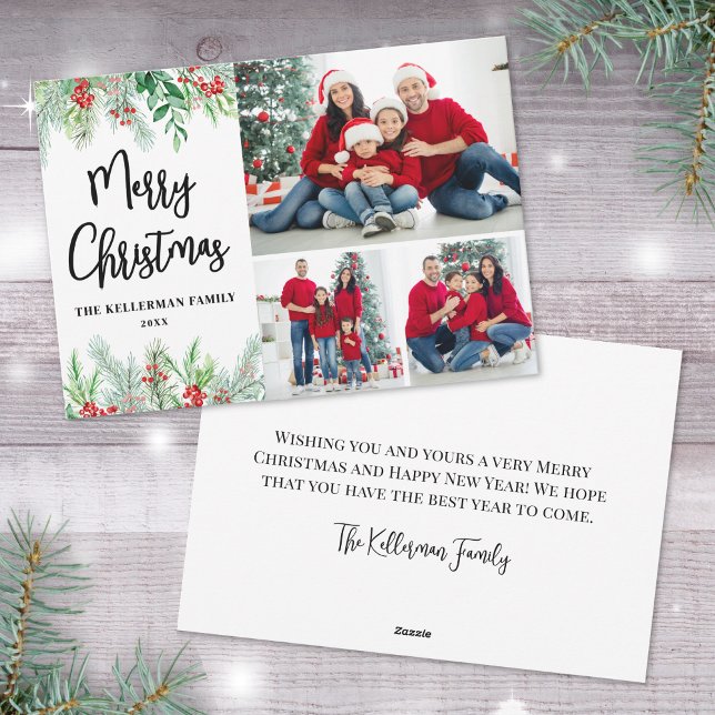 Festive Modern Photo Christmas Holiday Card (Botanical Greenery Photo Merry Christmas Holiday Card)