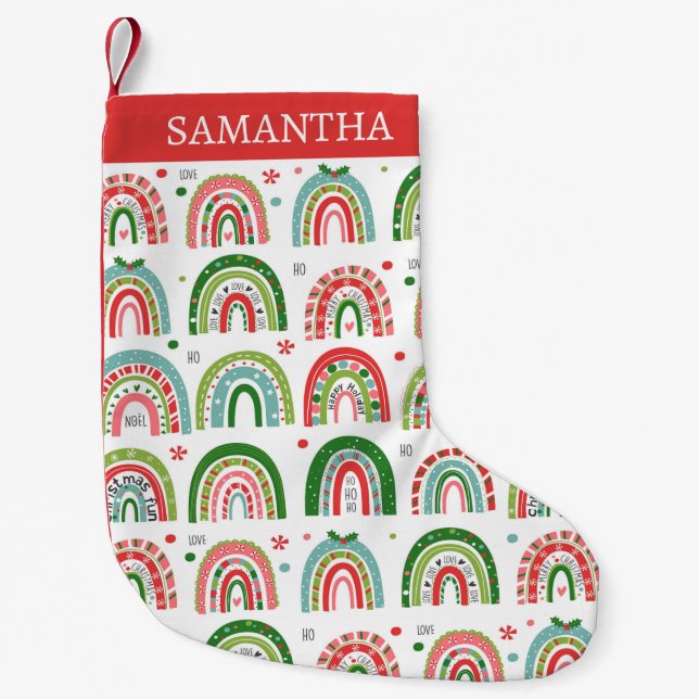 Festive Modern Rainbow Pattern Personalised Small Christmas Stocking (Front)