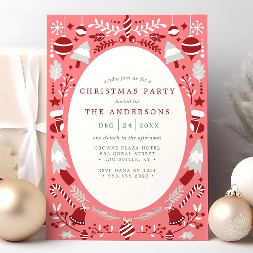 Festive Modern Red And Pink Christmas Party Invitation