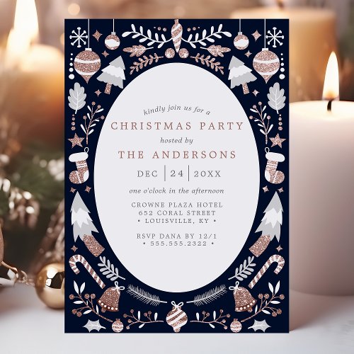 Festive Modern Rose Gold and Navy Christmas Party Invitation