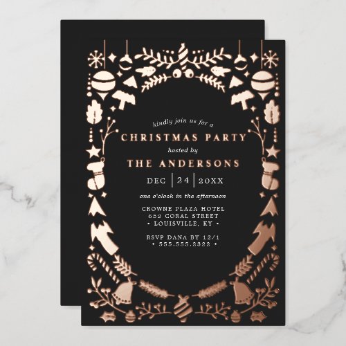 Festive Modern Rose Gold Black Christmas Party Foil Invitation