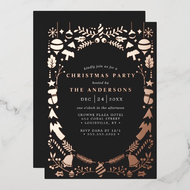 Festive Modern Rose Gold Black Christmas Party Foil Invitation (Front/Back)
