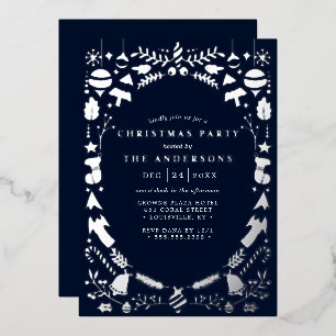 Festive Modern Silver Navy Blue Christmas Party Foil Invitation
