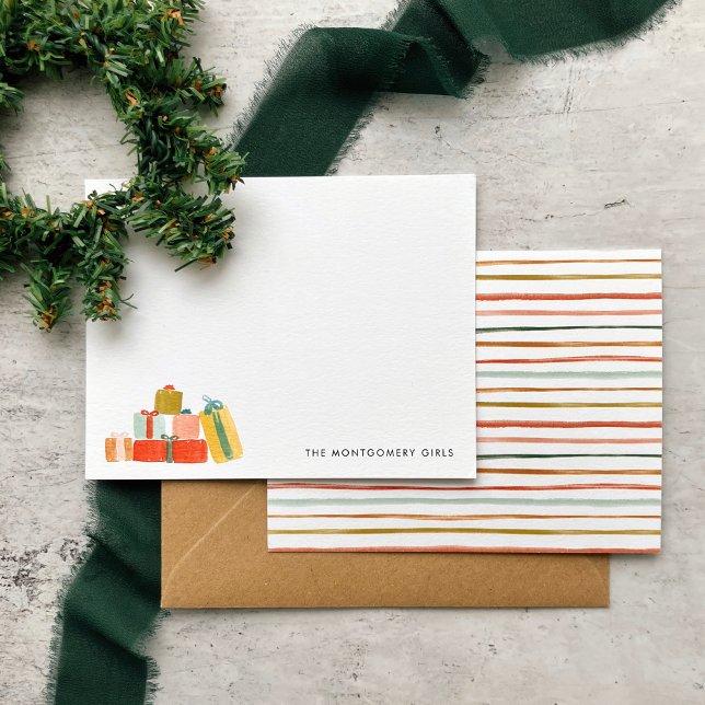 Festive Modern Watercolor Christmas Gifts Holiday Note Card (Watercolor Christmas presents note cards with colorful stripes on the back. Great holiday gift idea!)