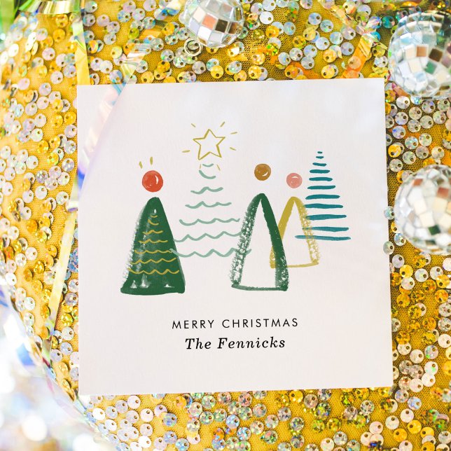 Festive Modern Watercolor Christmas Trees Holiday Napkins (Watercolor Christmas trees personalized Merry Christmas party napkins.)